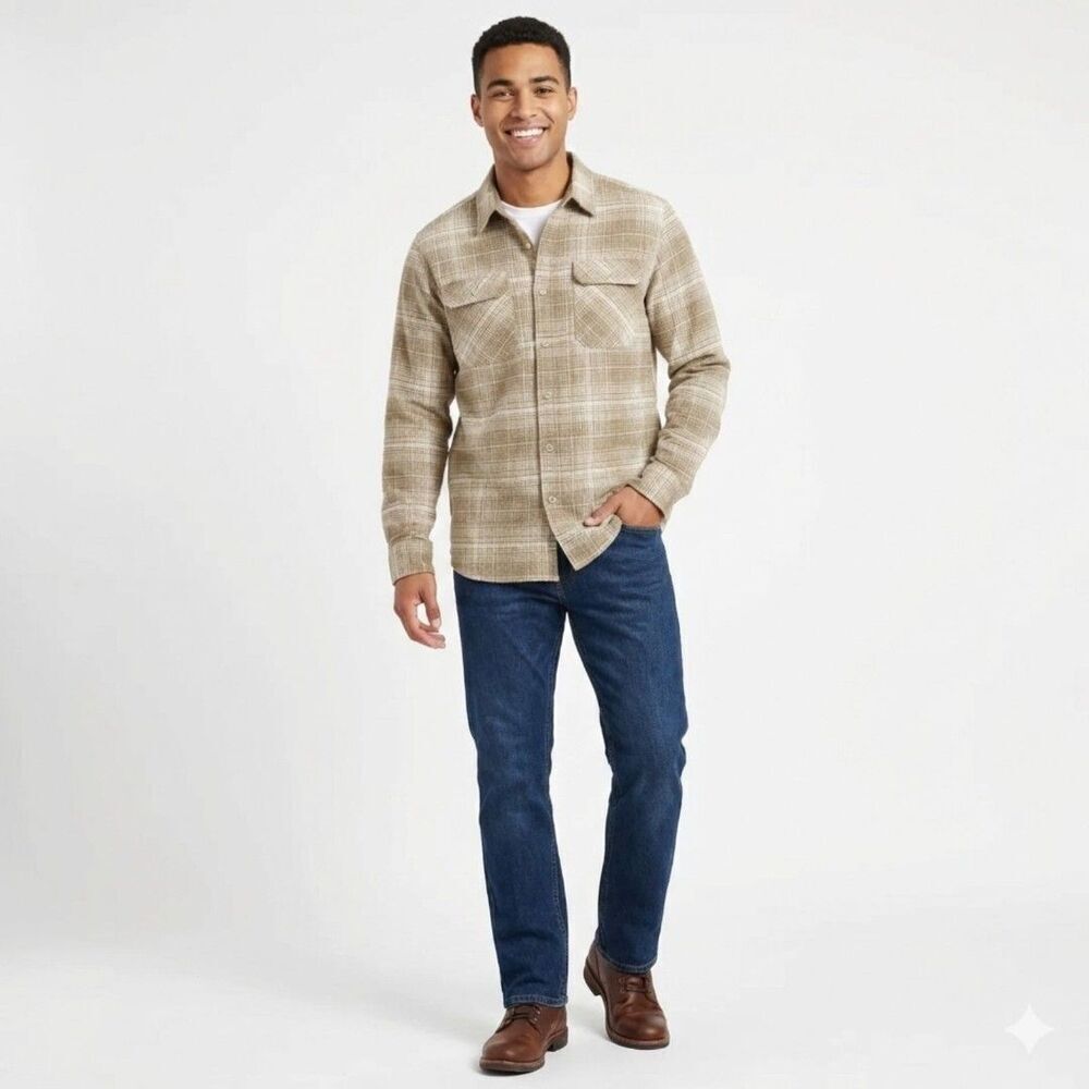 Frye Mens Twill Utility Shirt Medum Tan Plaid Long Sleeve Button Front